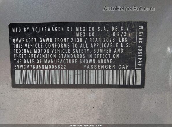 3VWCM7BU5NM005822 2022 VOLKSWAGEN JETTA Silver 