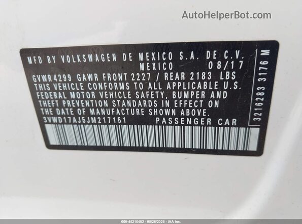 3VWD17AJ5JM217151 2018 VOLKSWAGEN JETTA White Շարժիչի բաժամունքի տեսք