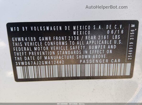 3VWD67AJ2GM412442 2016 VOLKSWAGEN JETTA White 
