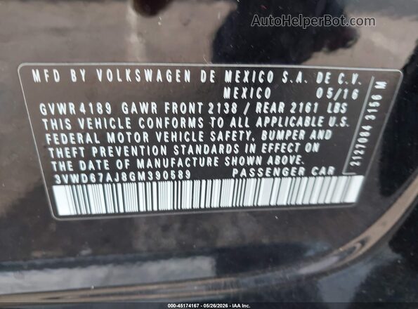 3VWD67AJ8GM390589 2016 VOLKSWAGEN JETTA Black 