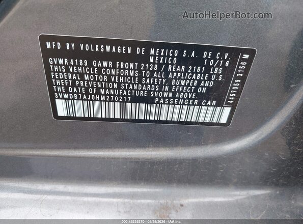 3VWDB7AJ0HM270217 2017 VOLKSWAGEN JETTA Gray Вид підкапотного простору