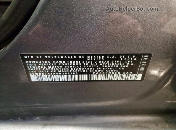 3VWDB7AJ0HM293285 2017 VOLKSWAGEN JETTA Gray 