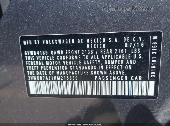 3VWDB7AJ1HM215839 2017 VOLKSWAGEN JETTA Черный 