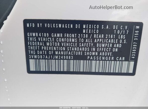 3VWDB7AJ1JM249883 2018 VOLKSWAGEN JETTA White 