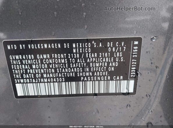 3VWDB7AJ7HM404303 2017 VOLKSWAGEN JETTA Gray Շարժիչի բաժամունքի տեսք