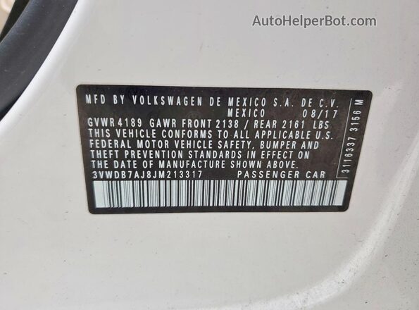 3VWDB7AJ8JM213317 2018 VOLKSWAGEN JETTA White 
