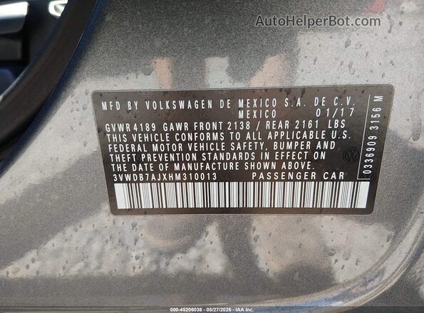 3VWDB7AJXHM310013 2017 VOLKSWAGEN JETTA Gray 