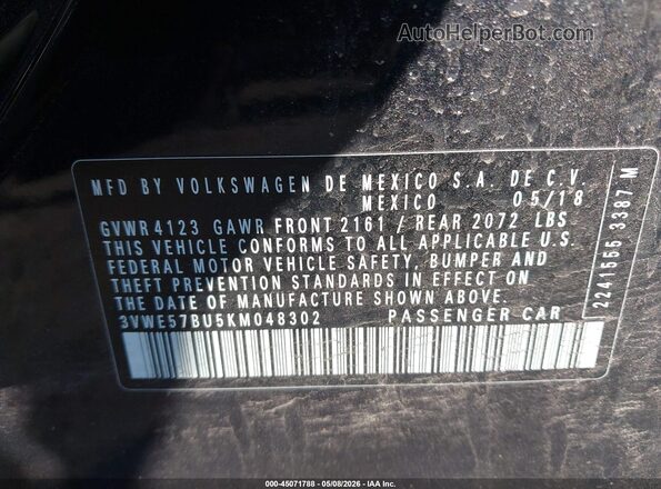 3VWE57BU5KM048302 2019 VOLKSWAGEN JETTA Black Вид підкапотного простору