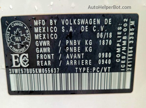 3VWE57BU5KM055637 2019 VOLKSWAGEN JETTA White 