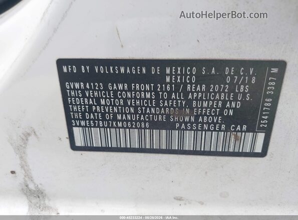 3VWE57BU7KM062086 2019 VOLKSWAGEN JETTA White 