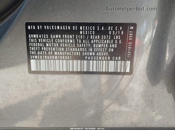 3VWEB7BU0KM168341 2019 VOLKSWAGEN JETTA Серый Вид подкапотного пространства