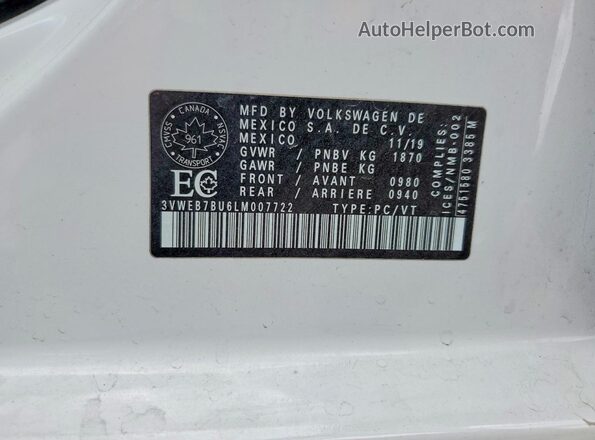 3VWEB7BU6LM007722 2020 VOLKSWAGEN JETTA White 