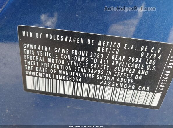 3VWEM7BU1RM056054 2024 VOLKSWAGEN JETTA Blue Շարժիչի բաժամունքի տեսք