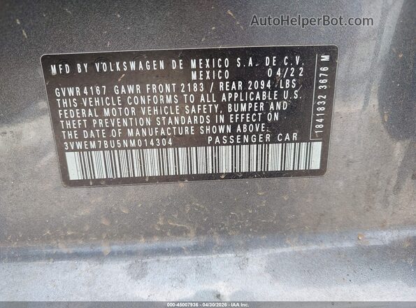 3VWEM7BU5NM014304 2022 VOLKSWAGEN JETTA Gray ძრავის განყოფილების ხედი