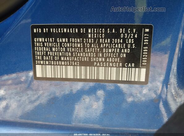 3VWEM7BU8RM057542 2024 VOLKSWAGEN JETTA Blue Engine compartment view