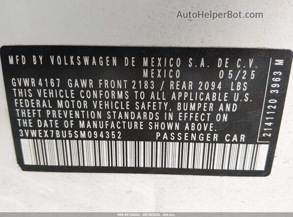 3VWEX7BU5SM094352 2025 VOLKSWAGEN JETTA White Вид підкапотного простору