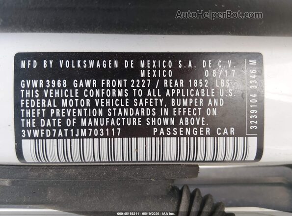 3VWFD7AT1JM703117 2018 VOLKSWAGEN BEETLE White Շարժիչի բաժամունքի տեսք