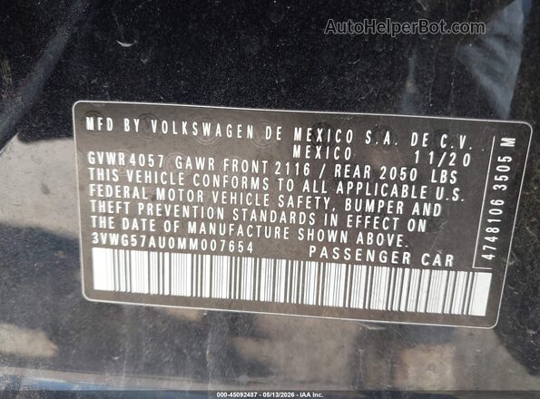 3VWG57AU0MM007654 2021 VOLKSWAGEN GOLF Black 