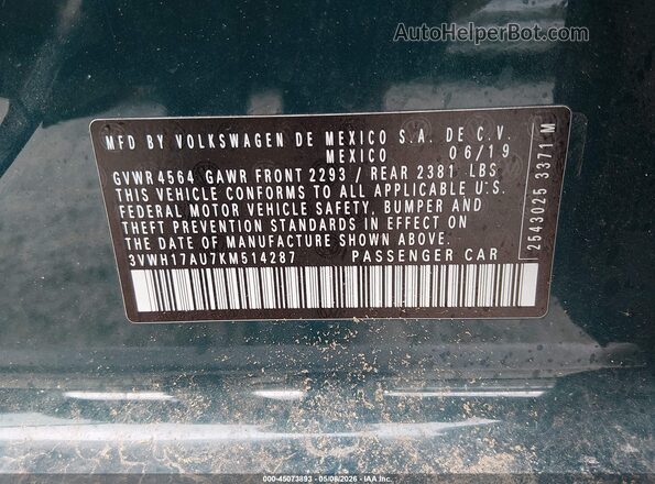 3VWH17AU7KM514287 2019 VOLKSWAGEN GOLF Blue 