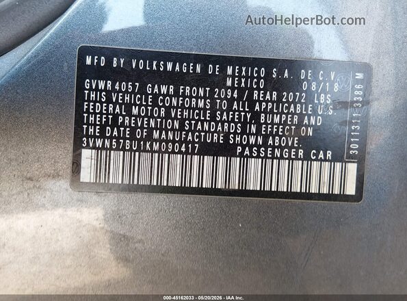 3VWN57BU1KM090417 2019 VOLKSWAGEN JETTA Gray ძრავის განყოფილების ხედი