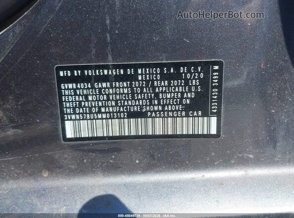 3VWN57BU5MM013102 2021 VOLKSWAGEN JETTA Gray 