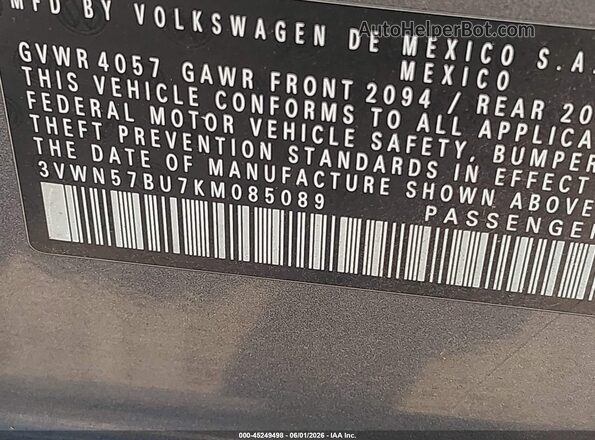 3VWN57BU7KM085089 2019 VOLKSWAGEN JETTA Gray Вид підкапотного простору