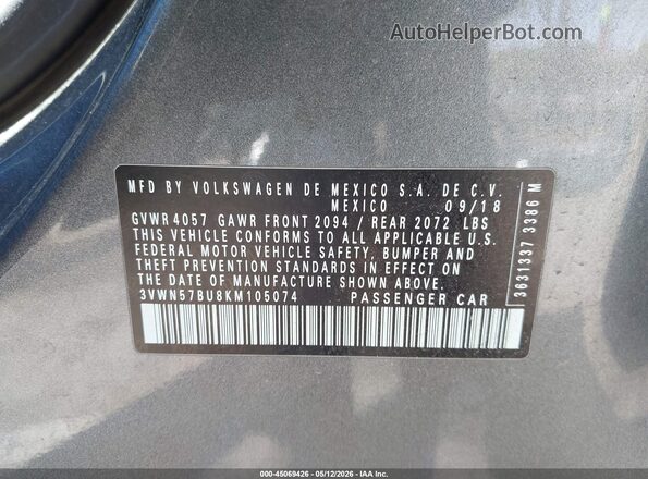 3VWN57BU8KM105074 2019 VOLKSWAGEN JETTA Gray Widok komory silnika