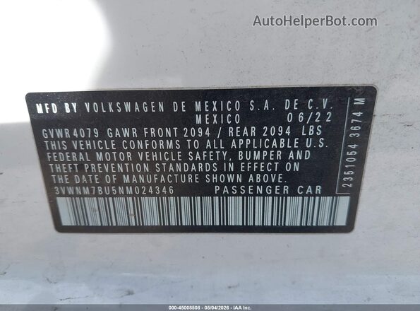 3VWNM7BU5NM024346 2022 VOLKSWAGEN JETTA White Вид підкапотного простору