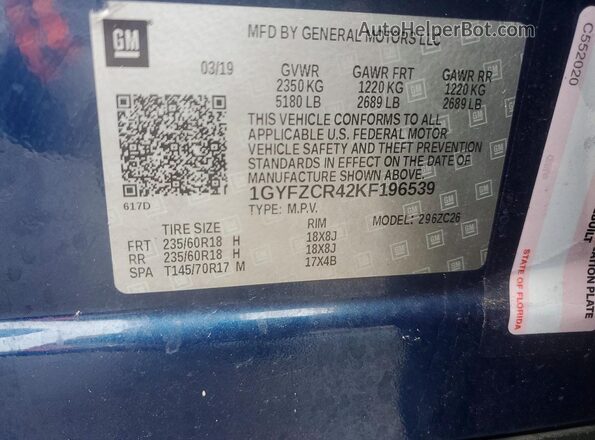 1GYFZCR42KF196539 2019 CADILLAC XT4 Blue VIN sticker view