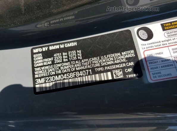 3MF23DM04S8F84071 2025 BMW M2 Gray VIN კოდის სტიკერის ხედი