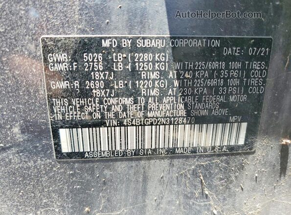 4S4BTGPD2N3128470 2022 SUBARU OUTBACK Gray 