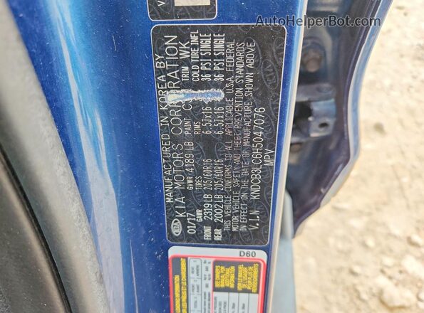 KNDCB3LC6H5047076 2017 KIA NIRO Blue VIN კოდის სტიკერის ხედი