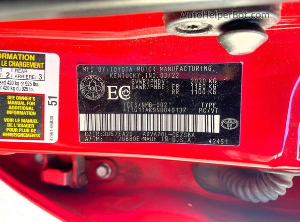 4T1G11AK9NU040137 2022 TOYOTA CAMRY Red 