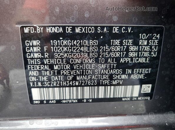 3CZRZ1H34SM727623 2025 HONDA HR-V Gray 
