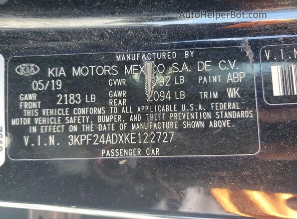 3KPF24ADXKE122727 2019 KIA FORTE Black 