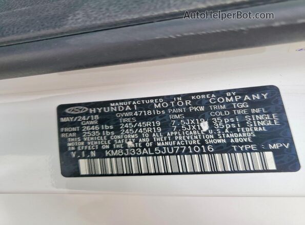 KM8J33AL5JU771016 2018 HYUNDAI TUCSON White 