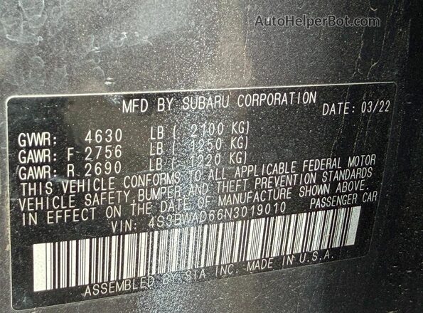 4S3BWAD66N3019010 2022 SUBARU LEGACY Gray Вид задньої частини салону