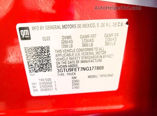 3GTU9FET7NG177869 2022 GMC SIERRA Red 