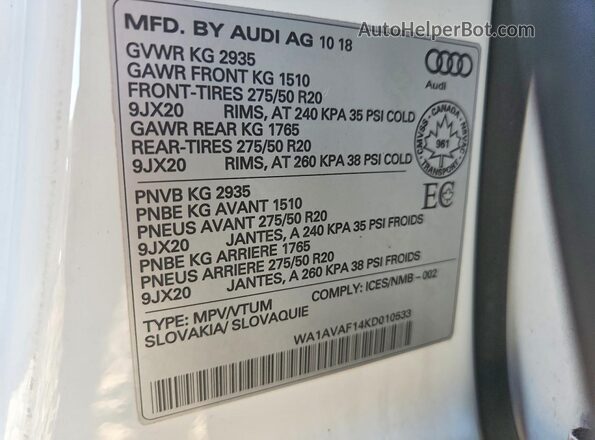WA1AVAF14KD010533 2019 AUDI Q8 Белый Вид наклейки с VIN-кодом