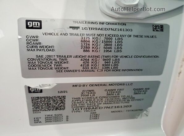 1GTR9AED7NZ161303 2022 GMC SIERRA Белый Вид наклейки с VIN-кодом