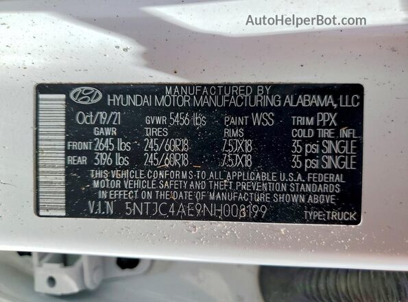 5NTJC4AE9NH008199 2022 HYUNDAI SANTA CRUZ White Вид наклейки з VIN-кодом