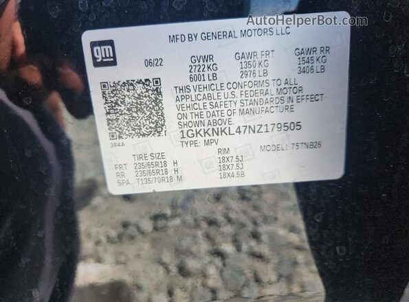 1GKKNKL47NZ179505 2022 GMC ACADIA Black 
