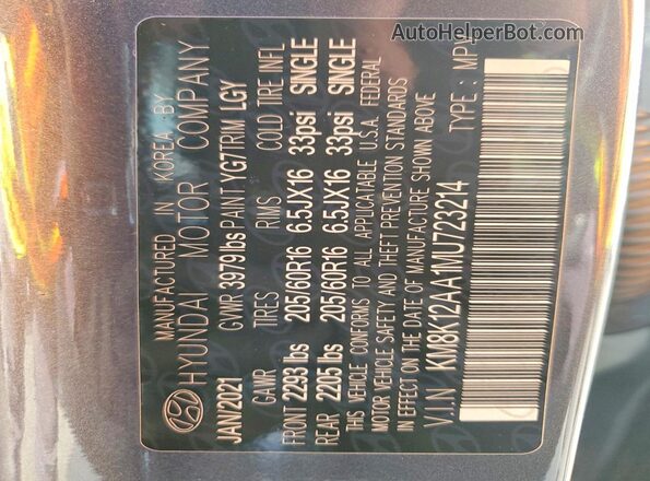 KM8K12AA1MU723214 2021 HYUNDAI KONA Black 