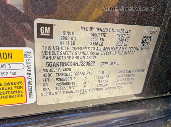 5GAKRBKD9HJ289882 2017 BUICK ENCLAVE Gray 