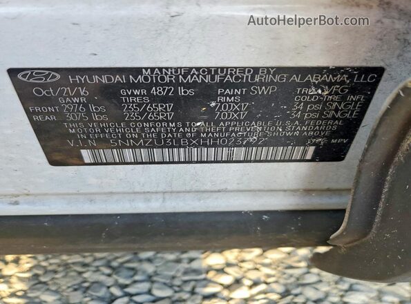 5NMZU3LBXHH023792 2017 HYUNDAI SANTA FE White 