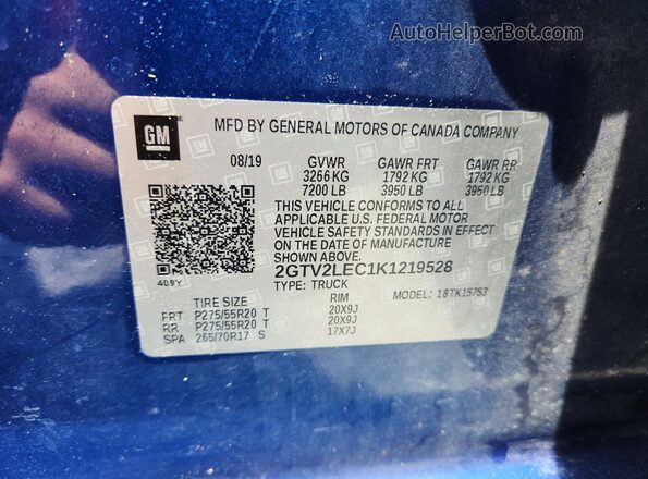 2GTV2LEC1K1219528 2019 GMC SIERRA Синий Вид наклейки с VIN-кодом