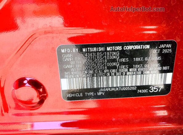 JA4ARUAUXTU005202 2026 MITSUBISHI OUTLANDER Red Widok wnętrza 360 stopni