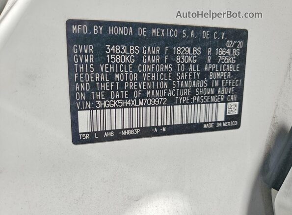 3HGGK5H4XLM709972 2020 HONDA FIT White 