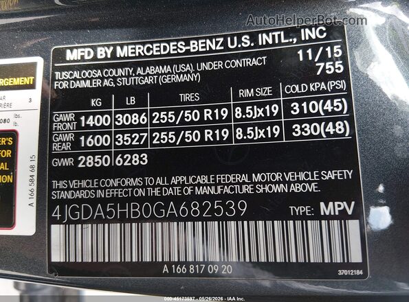 4JGDA5HB0GA682539 2016 MERCEDES-BENZ GLE 350 Gray 