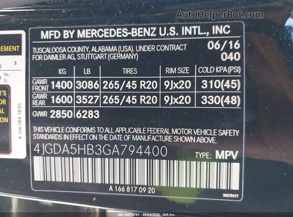 4JGDA5HB3GA794400 2016 MERCEDES-BENZ GLE 350 4MATIC Black Widok komory silnika